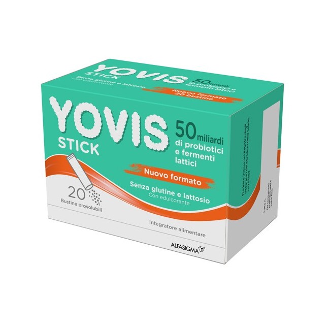 Confezione da 20 bustine orosolubili di Yovis Stick, integratore con fermenti lattici probiotici. Confezione da 20 bustine orosolubili di Yovis Stick, integratore con fermenti lattici probiotici.