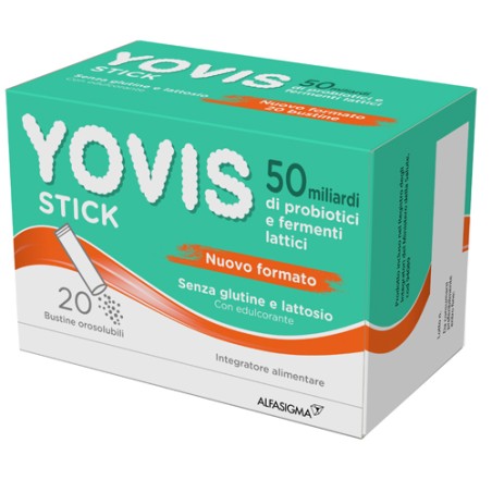 Confezione da 20 bustine orosolubili di Yovis Stick, integratore con fermenti lattici probiotici.