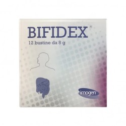 Confezione da 12 bustine di Imogen Pharma Bifidex, integratore per la salute intestinale.