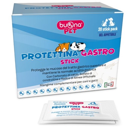 Confezione da 20 stickpack di Buonapet Protettina Gastro Stick Trattamento Per Il Benessere Gastrico Di Cani E Gatti. Confezione da 20 stickpack di Buonapet Protettina Gastro Stick Trattamento Per Il Benessere Gastrico Di Cani E Gatti.