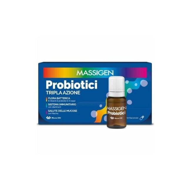 Confezione da 10 flaconcini di Massigen Probiotici Integratore Per La Salute Intestinale.