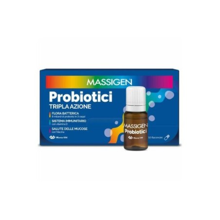 Confezione da 10 flaconcini di Massigen Probiotici Integratore Per La Salute Intestinale.