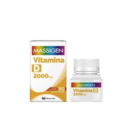 Barattolo da 90 capsule di Massigen Vitamina D 2000 UI integratore utile per le difese immunitarie, le ossa e i muscoli.