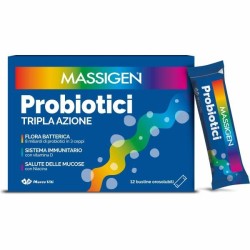 Confezione da 12 stickpack di Massigen Probiotici Integratore Per La Disbiosi Intestinale.