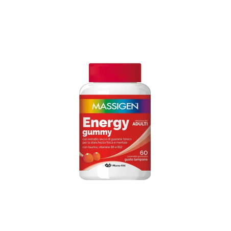 Confezione da 60 gommose di Massigen Energy Gummy integratore tonico energetico.