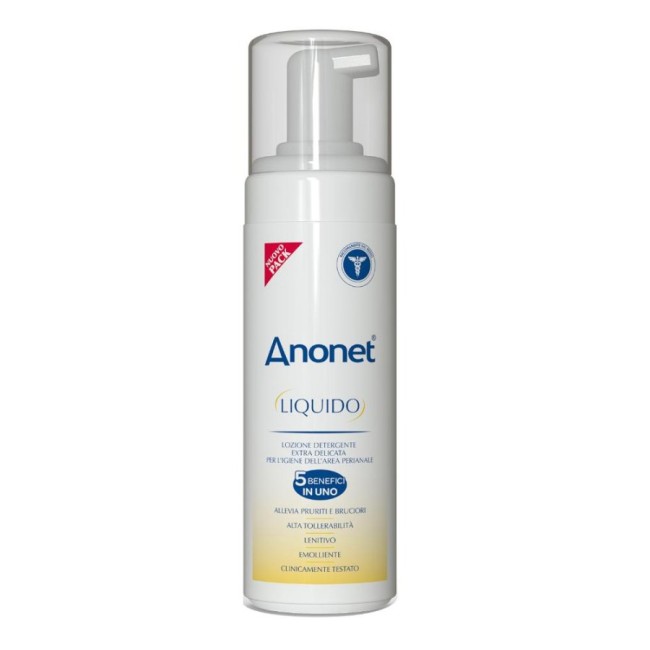 Flacone da 150 ml di Anonet Liquido, detergente per la zona perianale. Flacone da 150 ml di Anonet Liquido, detergente per la zona perianale.