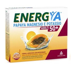 Confezione da 14 bustine di Energya Papaya Magnesio Potassio Adulti 50+, integratore per stanchezza e gambe pesanti.