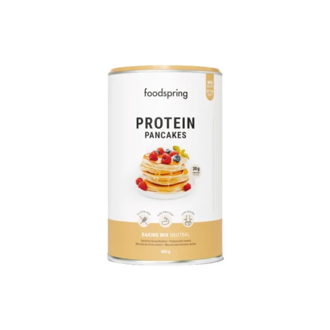 Barattolo da 400 grammi di Foodspring Pancakes proteici gusto neutro. Barattolo da 400 grammi di Foodspring Pancakes proteici gusto neutro.