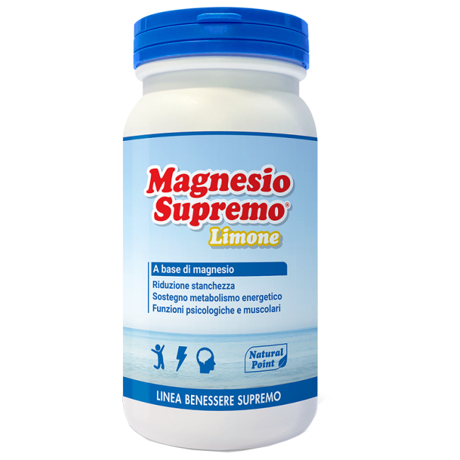 Barattolo da 150 g di Natural Point Magnesio Supremo Limone, integratore utile contro stanchezza fisica e mentale. Barattolo da 150 g di Natural Point Magnesio Supremo Limone, integratore utile contro stanchezza fisica e mentale.