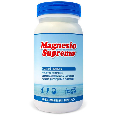 Barattolo da 150 grammi di Natural Point Magnesio Supremo integratore per stanchezza fisica e mentale.
