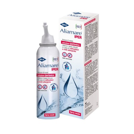 Flacone spray da 125 ml di Aliamare Iper Spray, utile per liberare il naso dal muco in eccesso.