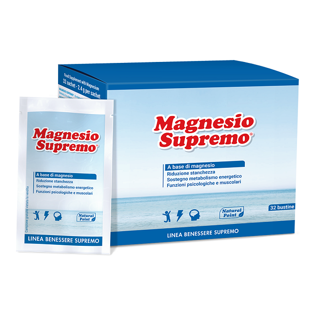 Confezione da 32 bustine di Magnesio Supremo, integratore contro stress e stanchezza. Confezione da 32 bustine di Magnesio Supremo, integratore contro stress e stanchezza.