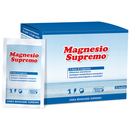 Confezione da 32 bustine di Magnesio Supremo, integratore contro stress e stanchezza.