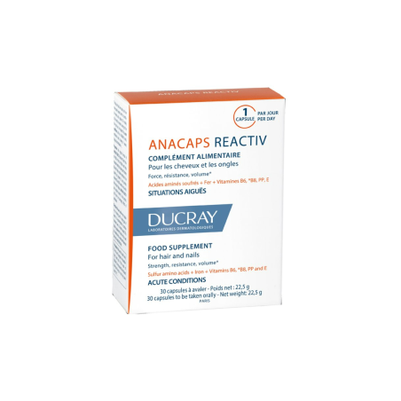 Confezione da 30 capsule di Ducray Anacaps Reactiv Per La Perdita Di Capelli Occasionale.