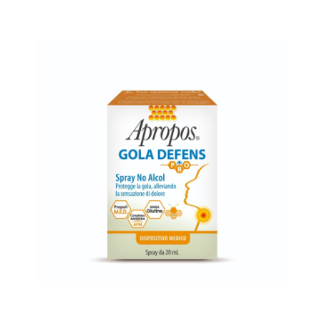 Flacone da 20o Ml di Apropos Gola Defens Pro spray a base di propoli senza alcol per il mal di gola.