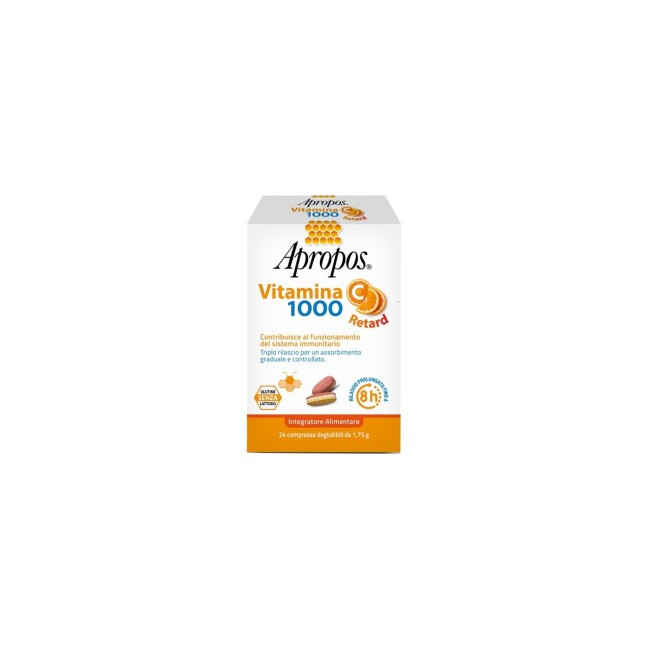 Confezione da 24 compresse di Apropos Vitamina C 1000 Retard integratore di vitamina C. Confezione da 24 compresse di Apropos Vitamina C 1000 Retard integratore di vitamina C.