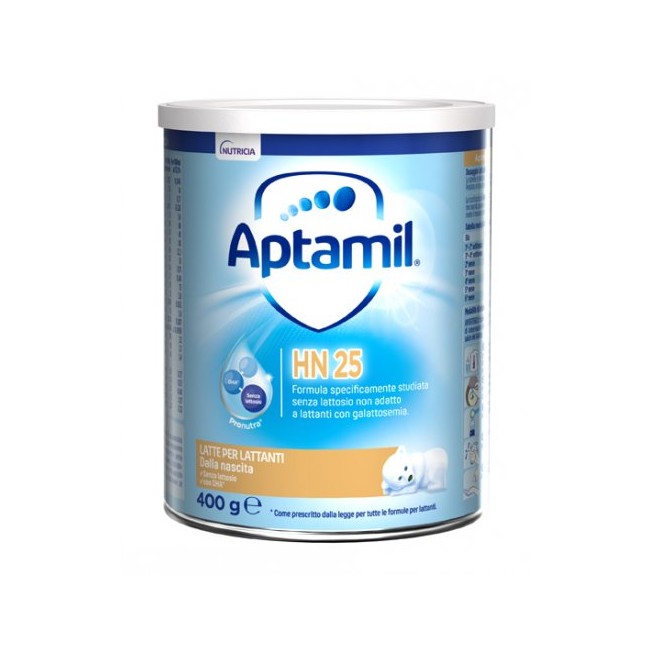 Barattolo da 400 grammi di Aptamil HN 25, latte in polvere per neonati da 0 a 6 mesi. Barattolo da 400 grammi di Aptamil HN 25, latte in polvere per neonati da 0 a 6 mesi.