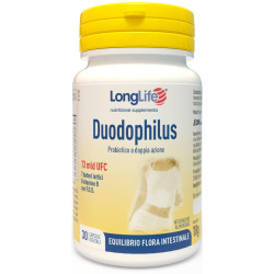 Confezione da 30 capsule di LongLife Duodophilus, integratore probiotico per irregolarità intestinale.