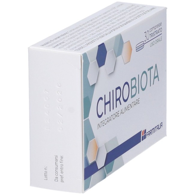 Confezione da 30 compresse di Chirobiota Tristrato, integratore per l'equilibrio nutrizionale e il benessere intestinale.