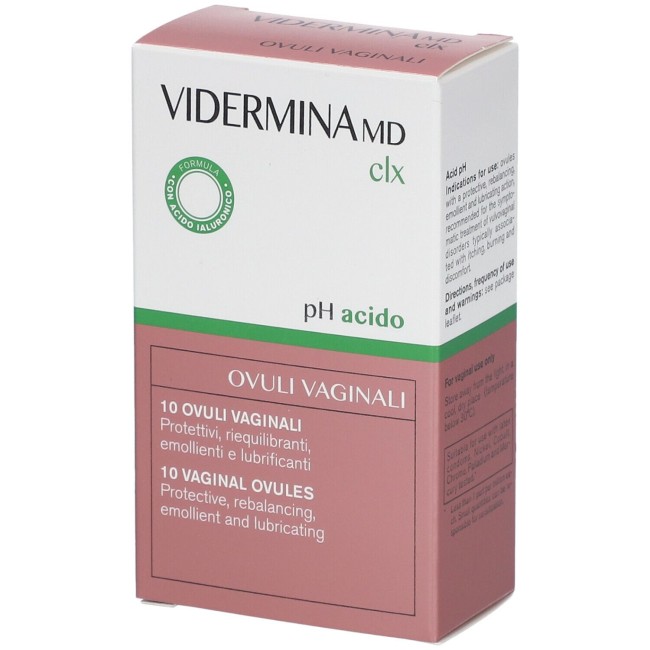 Confezione da 10 ovuli di Vidermina Clx Ovuli Vaginali, prodotto utile per l'igiene intima femminile. Confezione da 10 ovuli di Vidermina Clx Ovuli Vaginali, prodotto utile per l'igiene intima femminile.