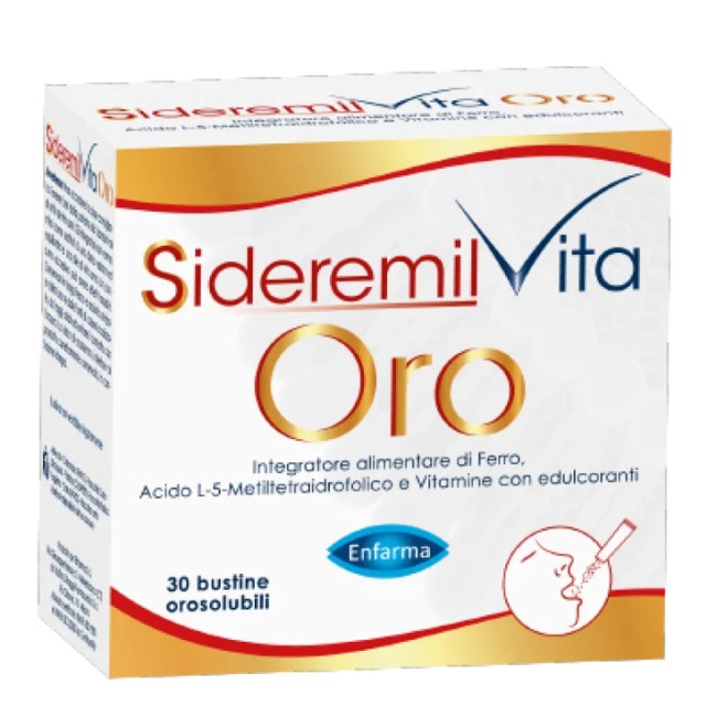 Confezione da 30 bustine orosolubili di Sideremil Vita Oro integratore di ferro e vitamine B Confezione da 30 bustine orosolubili di Sideremil Vita Oro integratore di ferro e vitamine B