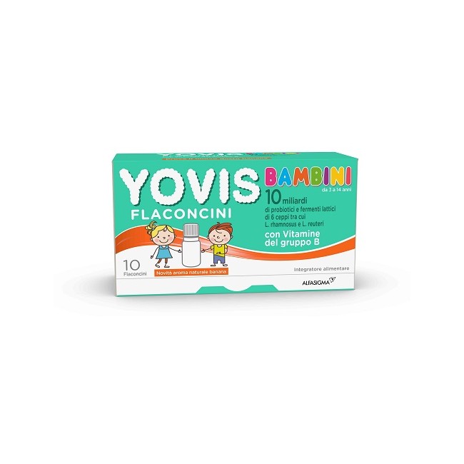 Confezione da 10 flaconcini di Yovis Bambini, integratore di fermenti lattici per bambini al gusto di banana. Confezione da 10 flaconcini di Yovis Bambini, integratore di fermenti lattici per bambini al gusto di banana.