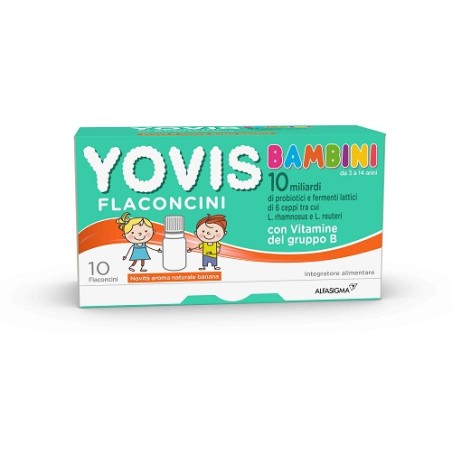 Confezione da 10 flaconcini di Yovis Bambini, integratore di fermenti lattici per bambini al gusto di banana.