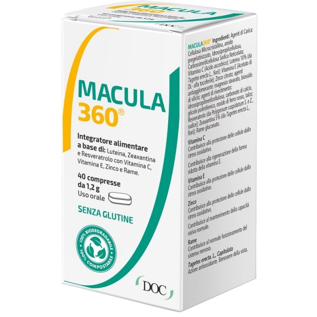 Confezione da 40 compresse di Macula360 integratore per il benessere degli occhi e della vista Confezione da 40 compresse di Macula360 integratore per il benessere degli occhi e della vista