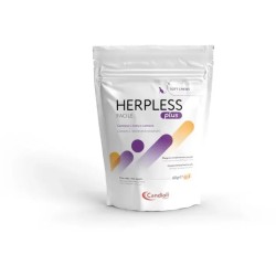 Confezione da 60 grammi di Candioli Herpess Plus Facile, integratore per il trattamento dell'herpes nei gatti.