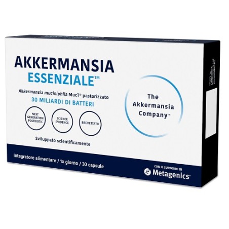 Confezione da 30 capsule di Metagenics Akkermansia Essenziale integratore per il benessere intestinale.