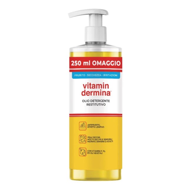 Flacone da 750 ml di Vitamindermina Olio Detergente Nutriente E Restitutivo Per Pelle Secca E Sensibile. Flacone da 750 ml di Vitamindermina Olio Detergente Nutriente E Restitutivo Per Pelle Secca E Sensibile.