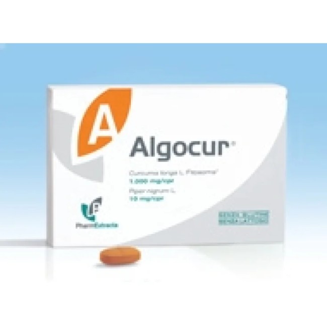 Confezione da 20 compresse di Algocur integratore a base di curcuma per la funzionalità articolare. Confezione da 20 compresse di Algocur integratore a base di curcuma per la funzionalità articolare.