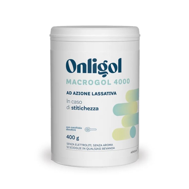 Confezione barattolo di 400 grammi di Onligol integratore per stitichezza a base di Macrogol 4000 Confezione barattolo di 400 grammi di Onligol integratore per stitichezza a base di Macrogol 4000