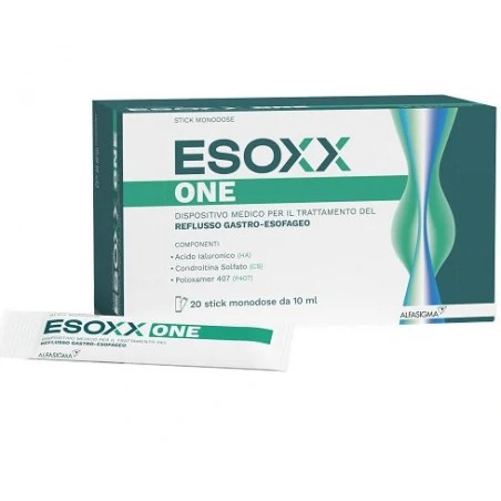 Confezione da 20 bustine liquide di Esoxx One rimedio contro il reflusso gastroesofageo.