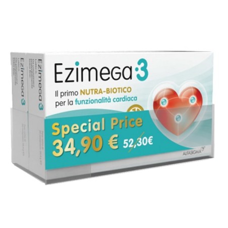 Confezione bipack 2 scatole da 20 compresse di Ezimega3 integratore per il benessere cardiovascolare.