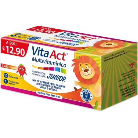 Confezione da 10 flaconcini di Vita Act Multivitaminico Junior, integratore di vitamine e minerali per bambini. Confezione da 10 flaconcini di Vita Act Multivitaminico Junior, integratore di vitamine e minerali per bambini.