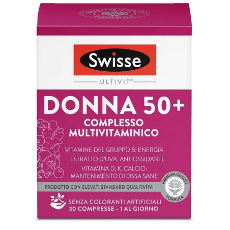 Barattolo da 30 compresse di Swisse Donna 50+, integratore multivitaminico per la salute e il benessere delle donne over 50.