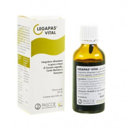 Flacone da 45 ml di Pascoe Legapas Vital, integratore per dolori epatici.