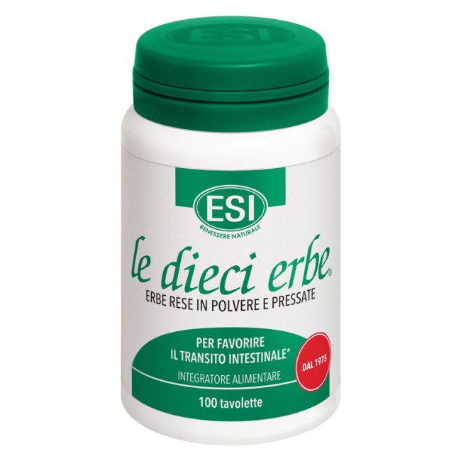 Flacone da 100 tavolette di Esi Le Dieci Erbe integratore per favorire il transito intestinale. Flacone da 100 tavolette di Esi Le Dieci Erbe integratore per favorire il transito intestinale.