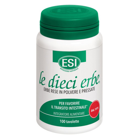 Flacone da 100 tavolette di Esi Le Dieci Erbe integratore per favorire il transito intestinale.