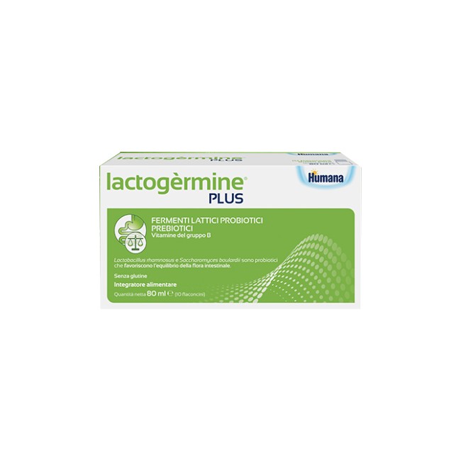 Confezione da 10 flaconi di Humana Lactogermine Plus, integratore di fermenti lattici per la salute intestinale dei bambini. Confezione da 10 flaconi di Humana Lactogermine Plus, integratore di fermenti lattici per la salute intestinale dei bambini.