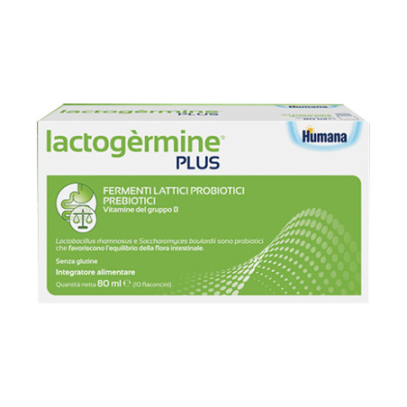 Confezione da 10 flaconi di Humana Lactogermine Plus, integratore di fermenti lattici per la salute intestinale dei bambini.