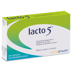 Confezione da 20 capsule di Lacto 5 Integratore Con Fermenti Lattici Zinco e Vitamine Per Il Benessere Dell'Intestino.