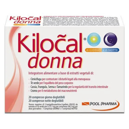Confezione da 40 compresse di Kilocal Donna Giorno e Notte, integratore per equilibrio del peso corporeo e menopausa.