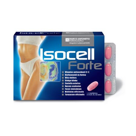 Confezione da 40 compresse di Isocell Forte, integratore per il trattamento della cellulite. Confezione da 40 compresse di Isocell Forte, integratore per il trattamento della cellulite.