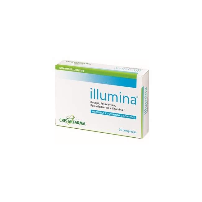 Confezione da 20 compresse di Cristalfarma Illumina, integratore utile per la memoria e per le funzioni cognitive. Confezione da 20 compresse di Cristalfarma Illumina, integratore utile per la memoria e per le funzioni cognitive.