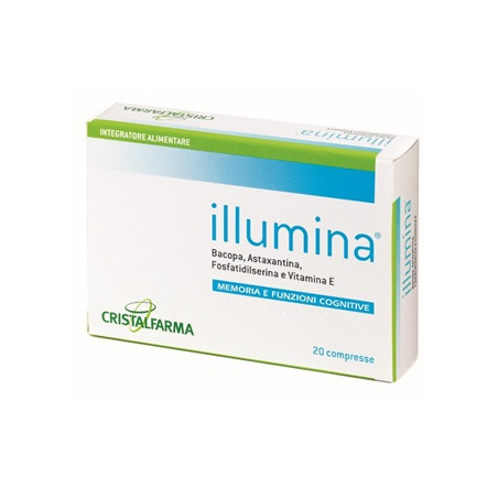 Confezione da 20 compresse di Cristalfarma Illumina, integratore utile per la memoria e per le funzioni cognitive.