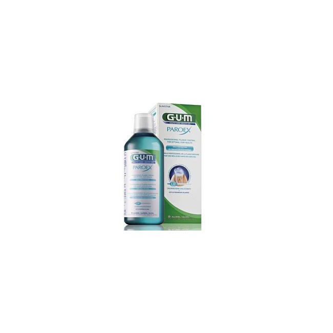 Flacone da 500 ml di Gum Paroex Collutorio 0,06% Clorexidina, utile in caso di placca e problemi gengivali. Flacone da 500 ml di Gum Paroex Collutorio 0,06% Clorexidina, utile in caso di placca e problemi gengivali.