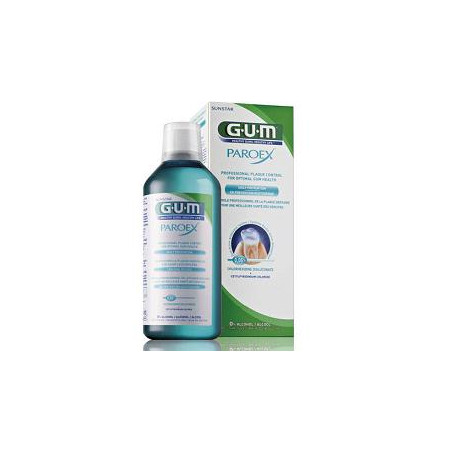 Flacone da 500 ml di Gum Paroex Collutorio 0,06% Clorexidina, utile in caso di placca e problemi gengivali.