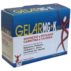Confezione da 20 bustine di Gerlar MG+K Plus, integratore contro stanchezza e affaticamento muscolare.